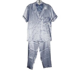 Jones New York Satin Pajama Set L Short Sleeve Long Pants 2 Tone Light Blue